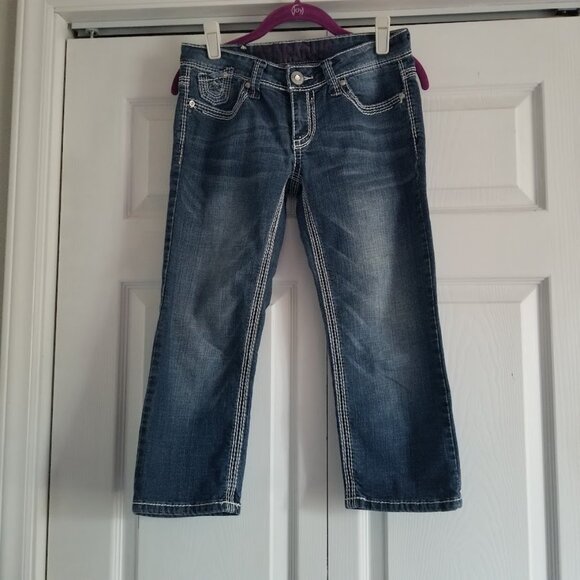 Hydraulic Women's Jeans 3-4 Blue Silver Capri Bling Y2K Rhinestones Embroidered - Picture 1 of 9